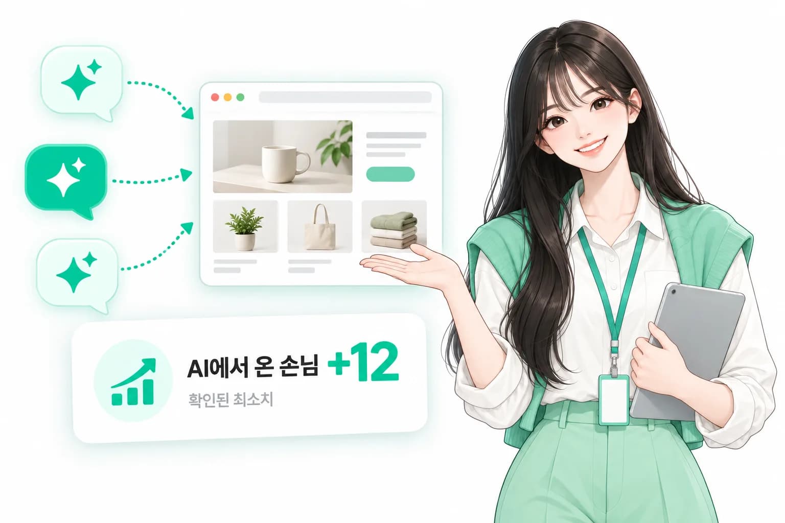 AI 말풍선에서 가게 홈페이지로 손님이 들어오고 'AI에서 온 손님 +12 · 확인된 최소치'가 표시된 그림