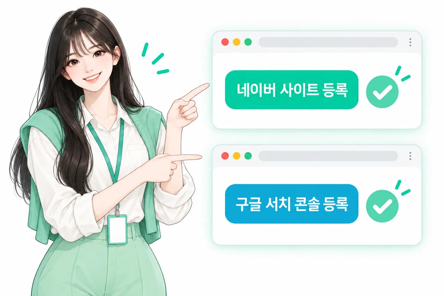 미픽스 도우미 미아가 네이버 사이트 등록과 구글 서치 콘솔 등록을 차례로 안내하는 그림