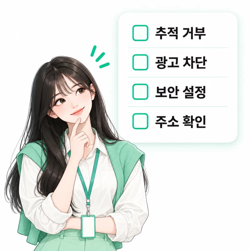 미아가 추적 거부 · 광고 차단 · 보안 설정 · 주소 확인 점검표를 보며 고민하는 그림