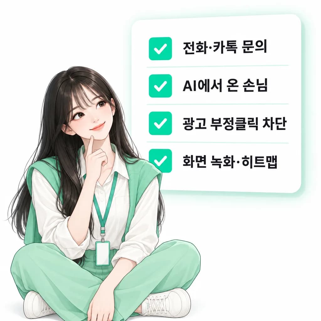 미아가 전화·카톡 문의, AI에서 온 손님, 광고 부정클릭 차단, 화면 녹화·히트맵 점검표를 보며 고민하는 그림