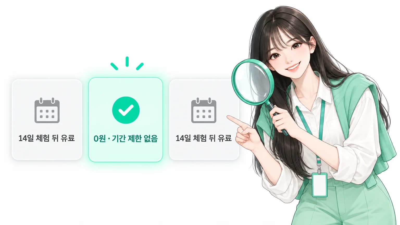 미픽스 도우미 미아가 돋보기로 '14일 체험 뒤 유료' 카드 두 장과 '0원 · 기간 제한 없음' 카드를 비교하는 그림