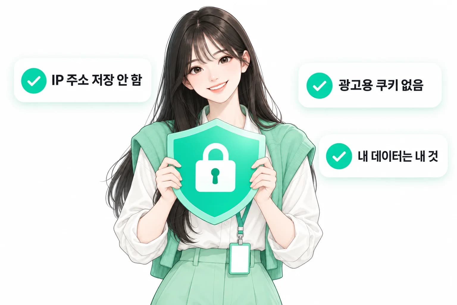 미아가 자물쇠 방패를 들고 있고 'IP 주소 저장 안 함 · 광고용 쿠키 없음 · 내 데이터는 내 것' 표시가 떠 있는 그림