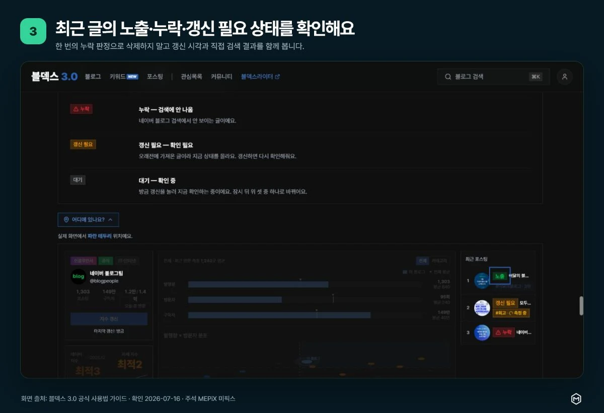 블덱스 3.0 공식 가이드에서 최근 포스팅의 노출 누락 갱신 필요 상태를 확인하는 3단계