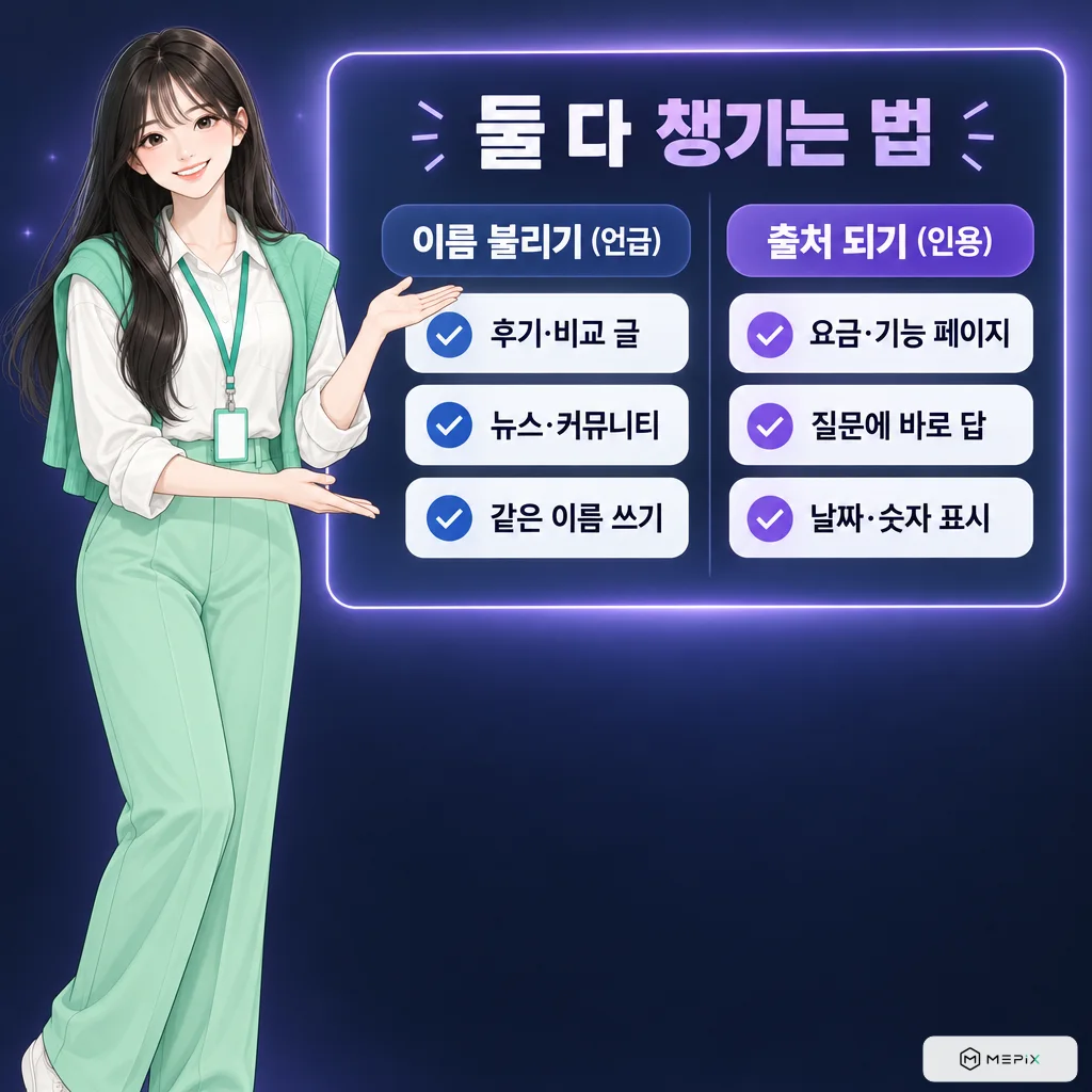 미픽스 도우미 미아가 알려주는 둘 다 챙기는 법. 이름 불리기(언급): 후기·비교 글, 뉴스·커뮤니티, 같은 이름 쓰기. 출처 되기(인용): 요금·기능 페이지, 질문에 바로 답, 날짜·숫자 표시