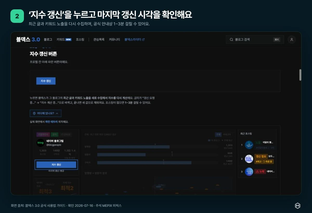 블덱스 3.0 공식 가이드에서 지수 갱신 버튼과 마지막 갱신 시각을 확인하는 2단계