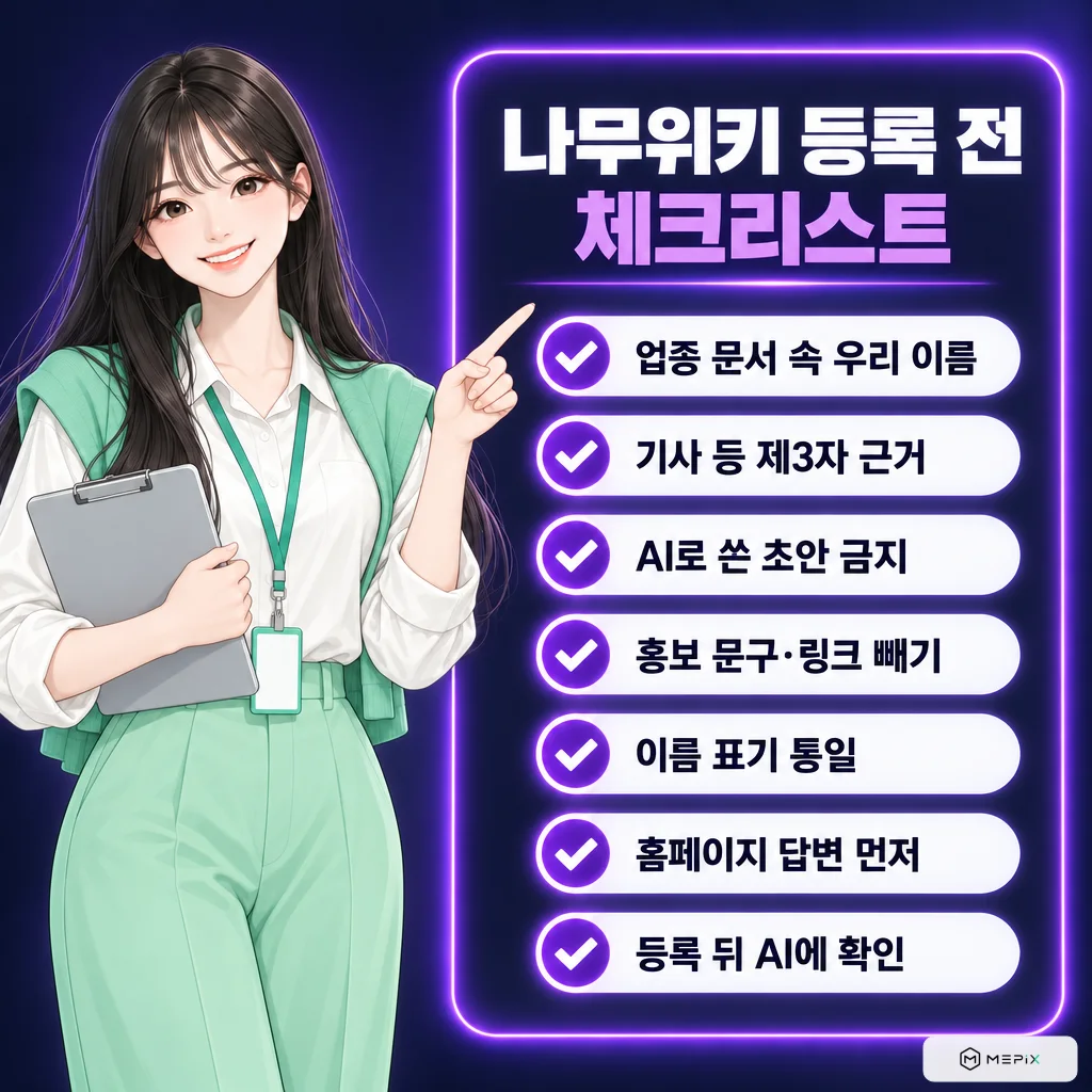 미아가 안내하는 나무위키 등록 전 체크리스트 7가지. 업종 문서 속 우리 이름, 기사 등 제3자 근거, AI로 쓴 초안 금지, 홍보 문구·링크 빼기, 이름 표기 통일, 홈페이지 답변 먼저, 등록 뒤 AI에 확인