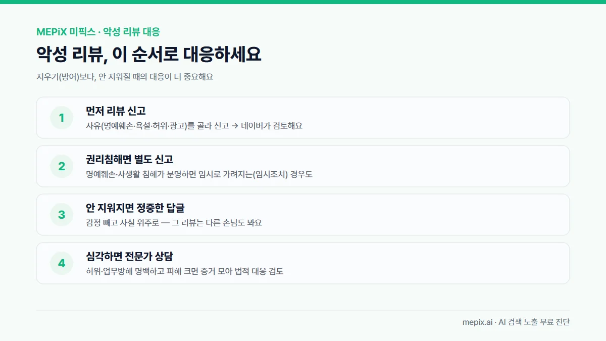 악성 리뷰 대응 단계 — 리뷰 신고, 권리보호센터 권리침해 신고, 정중한 답글, 심각하면 법적 대응